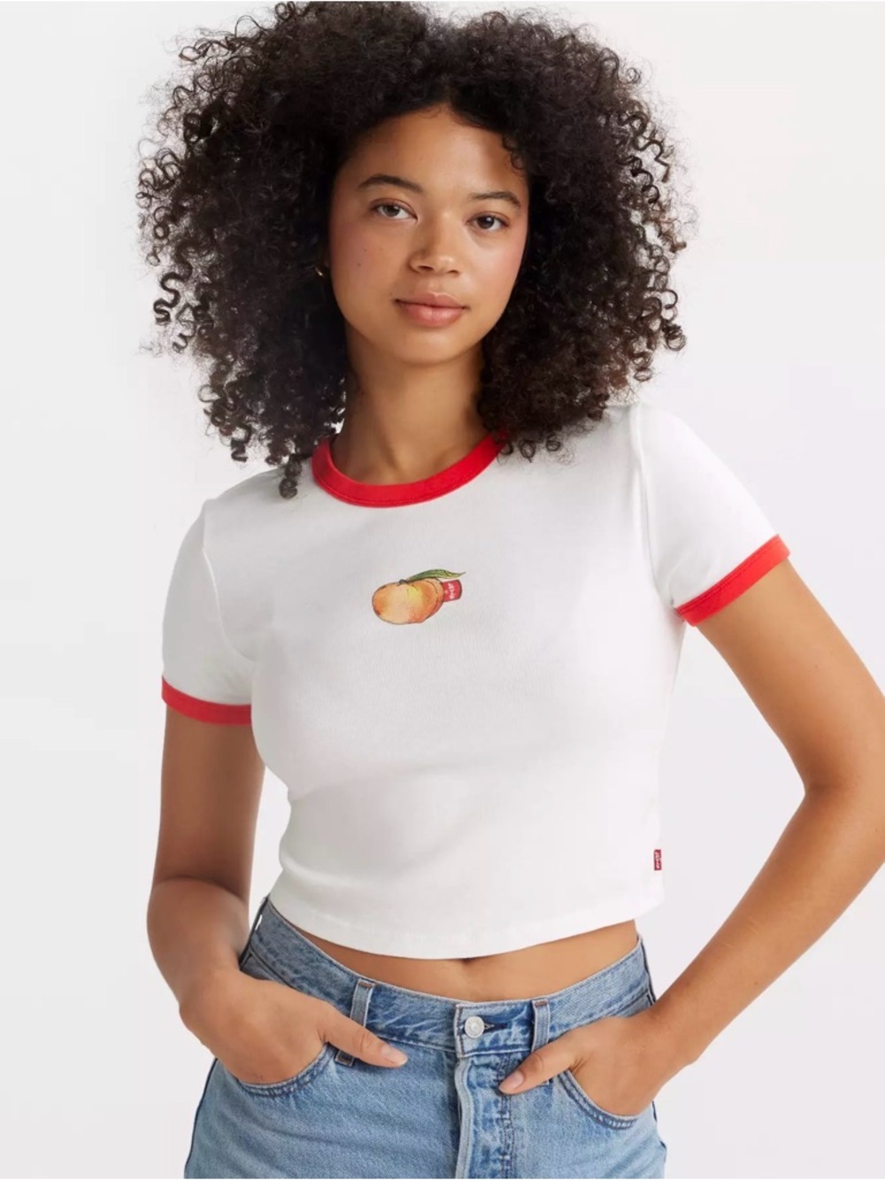 Levi's White Crop Ringer Tee with Red Trim and Peach Motif